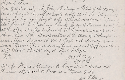 Written documentation from Tarrant County Judges certifying the Order of Incorporation for Arlington.